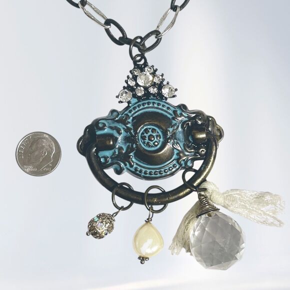 Victorian Style Necklace Antiqued Door Knocker Charms Rhinestone Chunky Handmade - Picture 4 of 13